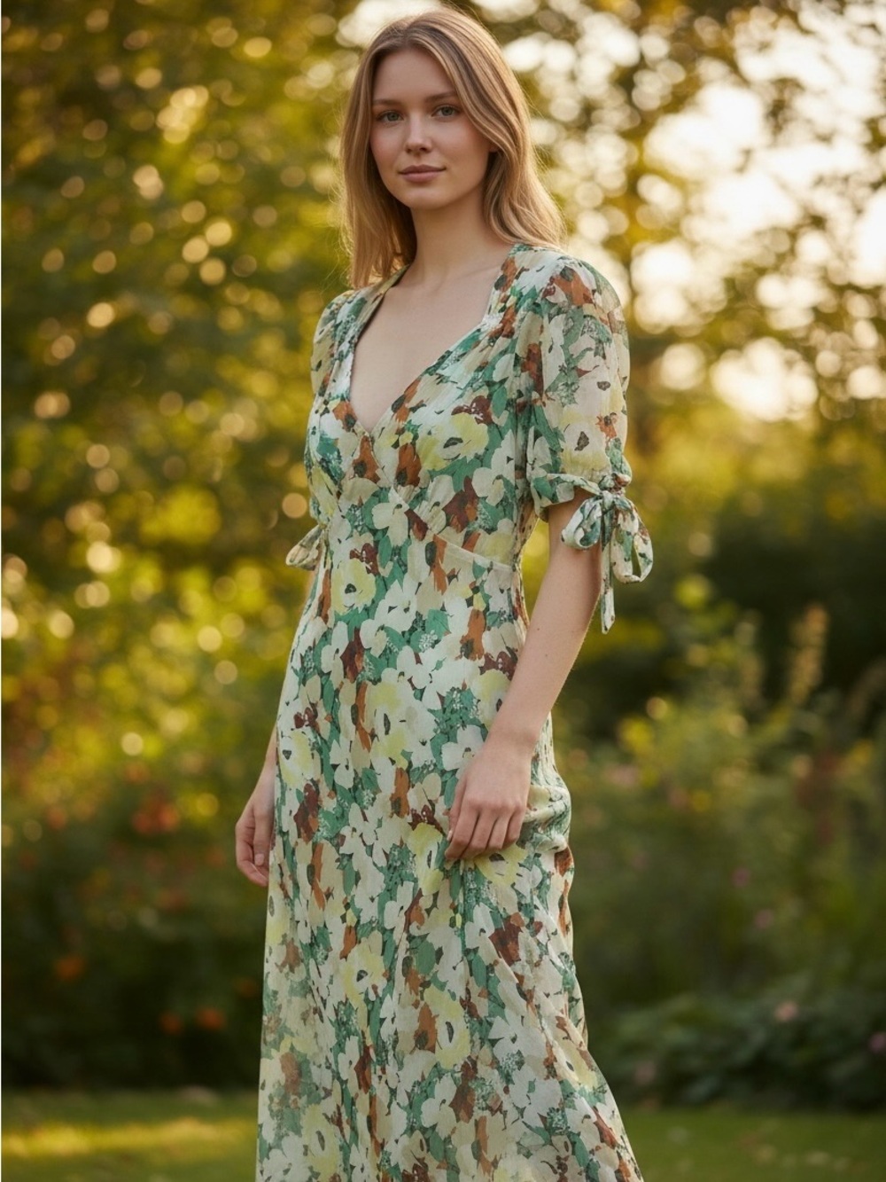 Anthropologie Sage Green Floral Tie-Sleeve Maxi Dress